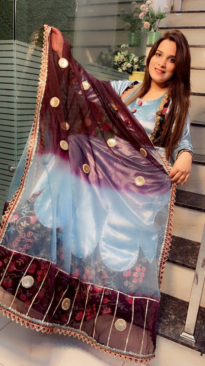 Sky Blue Silk Velvet Anarkali with Designer Organza Dupatta - Kirti Kapoor Couture