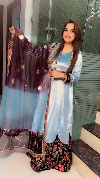 Sky Blue Silk Velvet Anarkali with Designer Organza Dupatta - Kirti Kapoor Couture