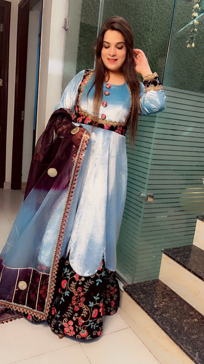 Sky Blue Silk Velvet Anarkali with Designer Organza Dupatta - Kirti Kapoor Couture