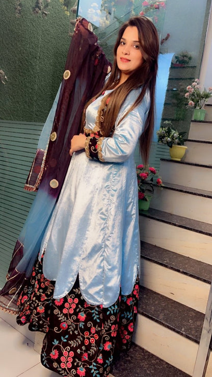Sky Blue Silk Velvet Anarkali with Designer Organza Dupatta - Kirti Kapoor Couture