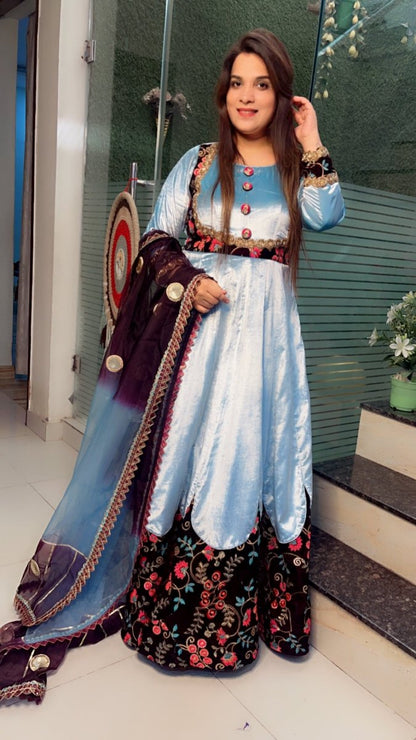 Sky Blue Silk Velvet Anarkali with Designer Organza Dupatta - Kirti Kapoor Couture