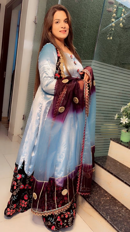 Sky Blue Silk Velvet Anarkali with Designer Organza Dupatta - Kirti Kapoor Couture