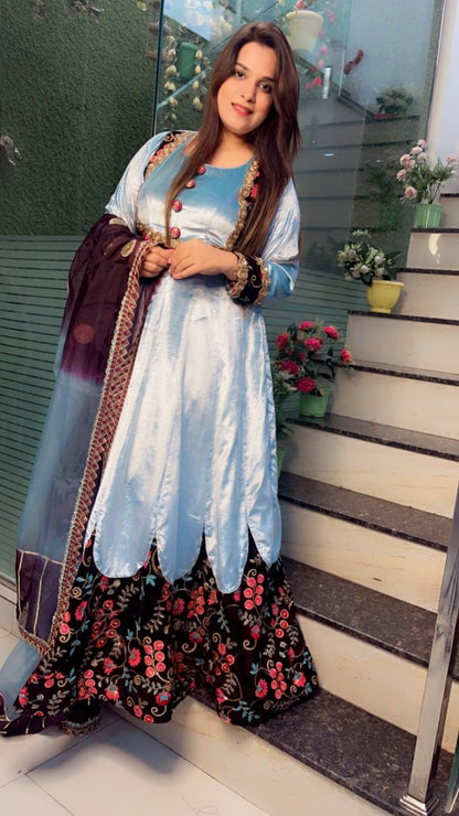 Sky Blue Silk Velvet Anarkali with Designer Organza Dupatta - Kirti Kapoor Couture