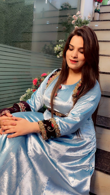 Sky Blue Silk Velvet Anarkali with Designer Organza Dupatta - Kirti Kapoor Couture
