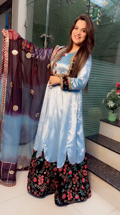 Sky Blue Silk Velvet Anarkali with Designer Organza Dupatta - Kirti Kapoor Couture