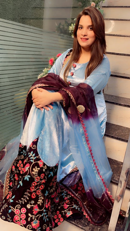 Sky Blue Silk Velvet Anarkali with Designer Organza Dupatta - Kirti Kapoor Couture