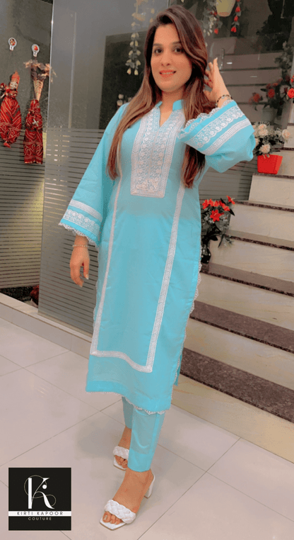 Sky - Blue Summer Co - ord Set (White Lace - Worked) - Kirti Kapoor Couture