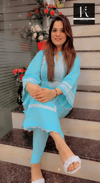 Sky - Blue Summer Co - ord Set (White Lace - Worked) - Kirti Kapoor Couture