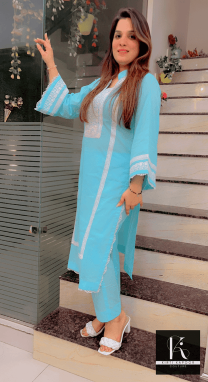 Sky - Blue Summer Co - ord Set (White Lace - Worked) - Kirti Kapoor Couture