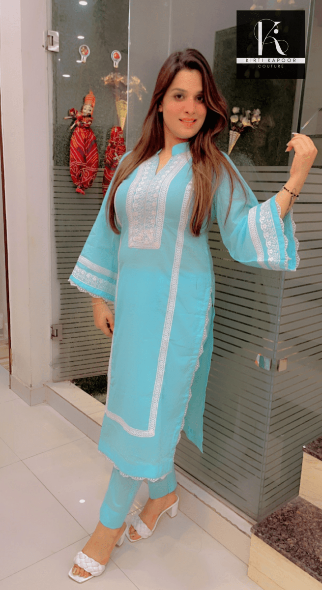 Sky - Blue Summer Co - ord Set (White Lace - Worked) - Kirti Kapoor Couture
