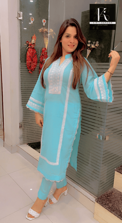 Sky - Blue Summer Co - ord Set (White Lace - Worked) - Kirti Kapoor Couture