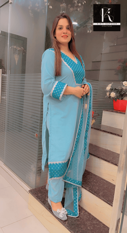 Sky Blue Velvet Suit with Brocade Highlighting - Kirti Kapoor Couture