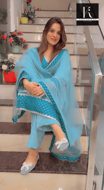Sky Blue Velvet Suit with Brocade Highlighting - Kirti Kapoor Couture
