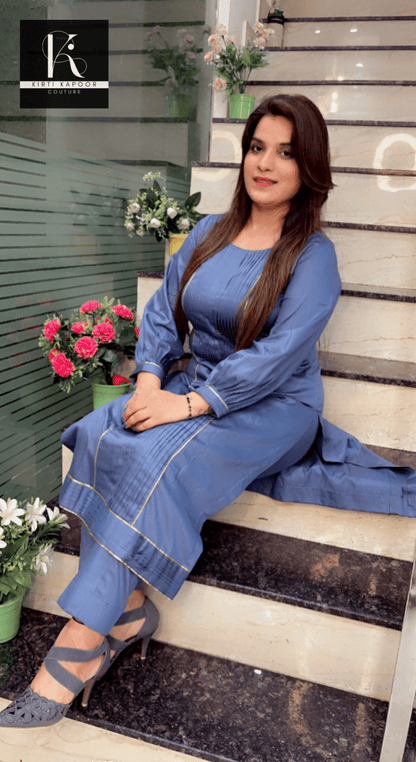 Slate Grey Kurti and Pant Set with Gotta & Pintex Highlights - Kirti Kapoor Couture