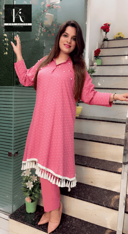 South - Cotton Pink Co - ord Set (With Tassel Lace) - Kirti Kapoor Couture