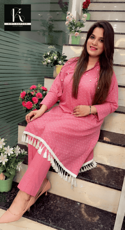 South - Cotton Pink Co - ord Set (With Tassel Lace) - Kirti Kapoor Couture