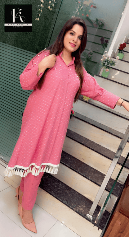 South - Cotton Pink Co - ord Set (With Tassel Lace) - Kirti Kapoor Couture