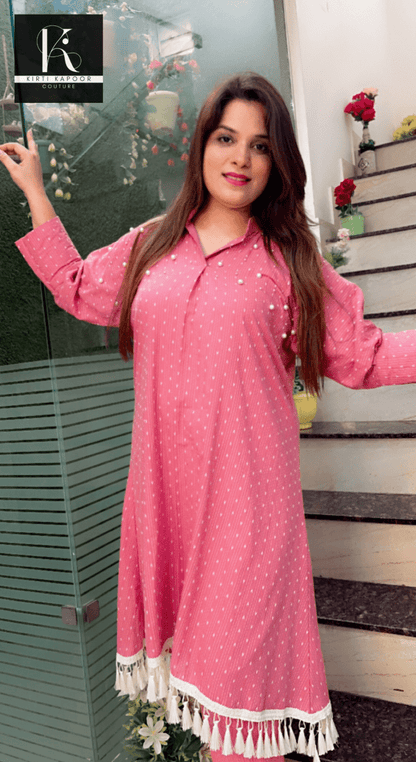 South - Cotton Pink Co - ord Set (With Tassel Lace) - Kirti Kapoor Couture