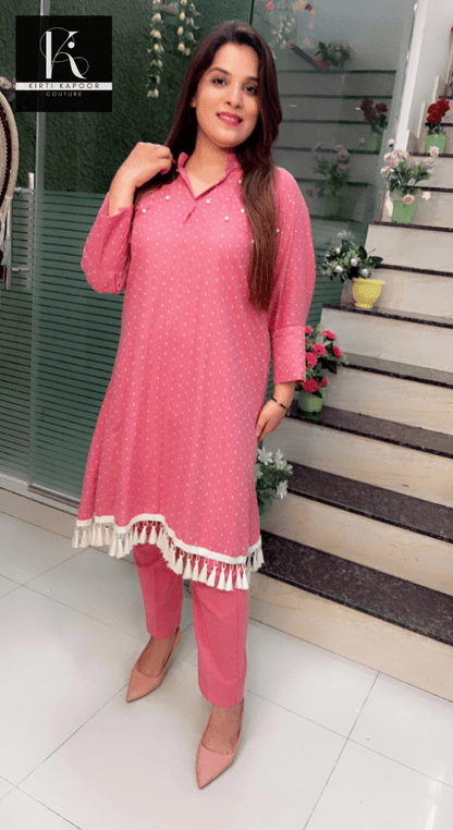 South - Cotton Pink Co - ord Set (With Tassel Lace) - Kirti Kapoor Couture