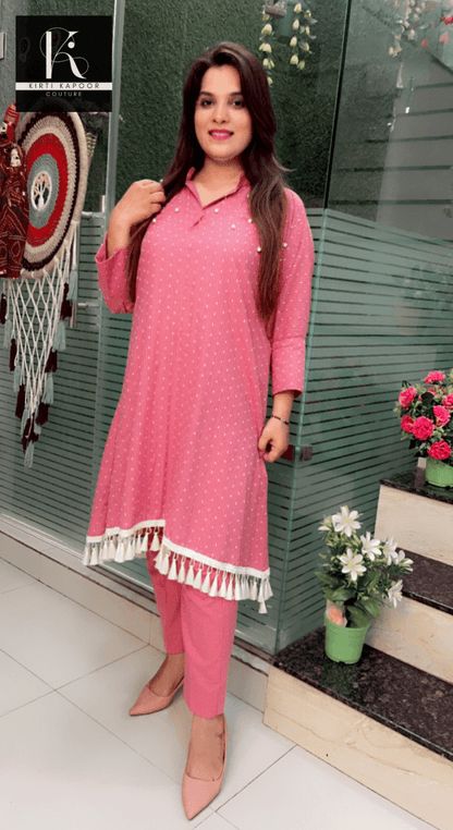 South - Cotton Pink Co - ord Set (With Tassel Lace) - Kirti Kapoor Couture