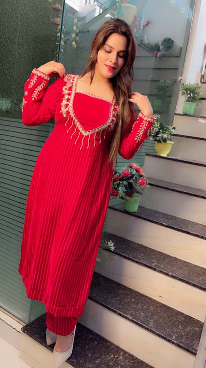 Stripped Velvet hot - pink Embroidered Kurti Set - Kirti Kapoor Couture