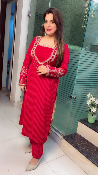 Stripped Velvet hot - pink Embroidered Kurti Set - Kirti Kapoor Couture