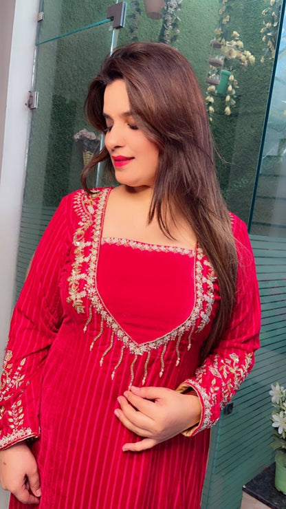 Stripped Velvet hot - pink Embroidered Kurti Set - Kirti Kapoor Couture