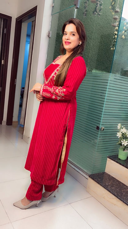 Stripped Velvet hot - pink Embroidered Kurti Set - Kirti Kapoor Couture