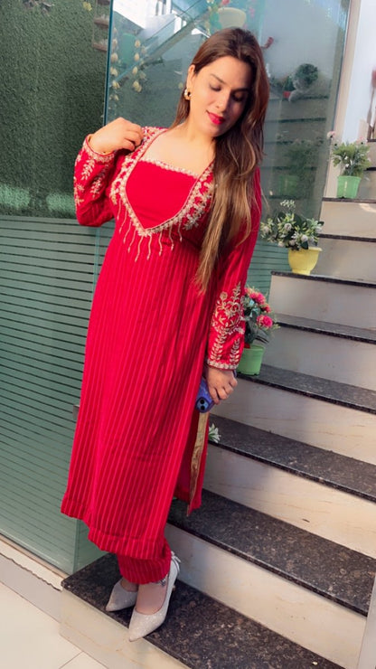 Stripped Velvet hot - pink Embroidered Kurti Set - Kirti Kapoor Couture