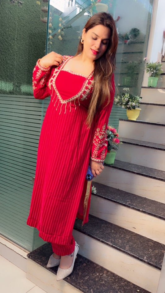 Stripped Velvet hot - pink Embroidered Kurti Set - Kirti Kapoor Couture