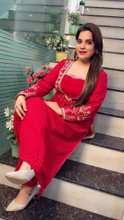 Stripped Velvet hot - pink Embroidered Kurti Set - Kirti Kapoor Couture