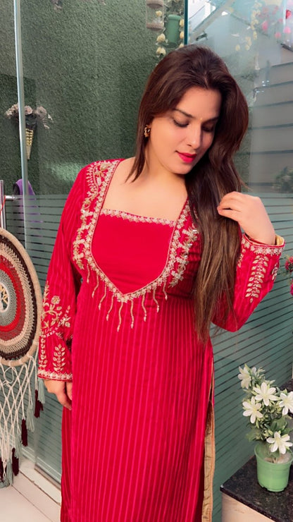 Stripped Velvet hot - pink Embroidered Kurti Set - Kirti Kapoor Couture
