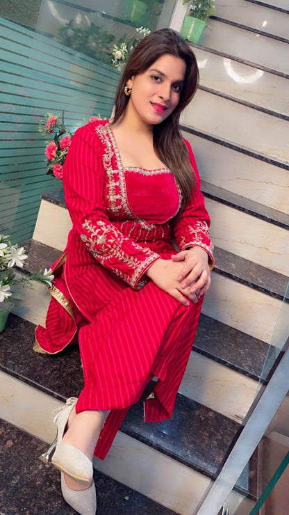 Stripped Velvet hot - pink Embroidered Kurti Set - Kirti Kapoor Couture