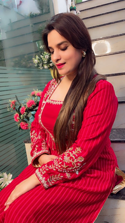 Stripped Velvet hot - pink Embroidered Kurti Set - Kirti Kapoor Couture