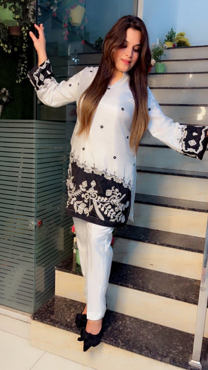Stylish Black and White Embroidered Silk Co - ord Set - Kirti Kapoor Couture