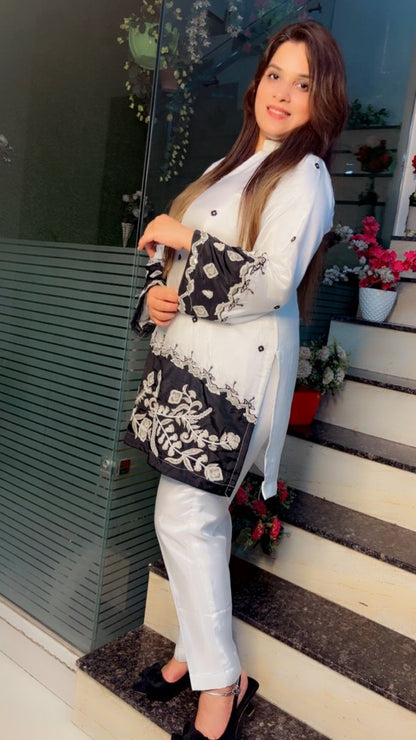 Stylish Black and White Embroidered Silk Co - ord Set - Kirti Kapoor Couture