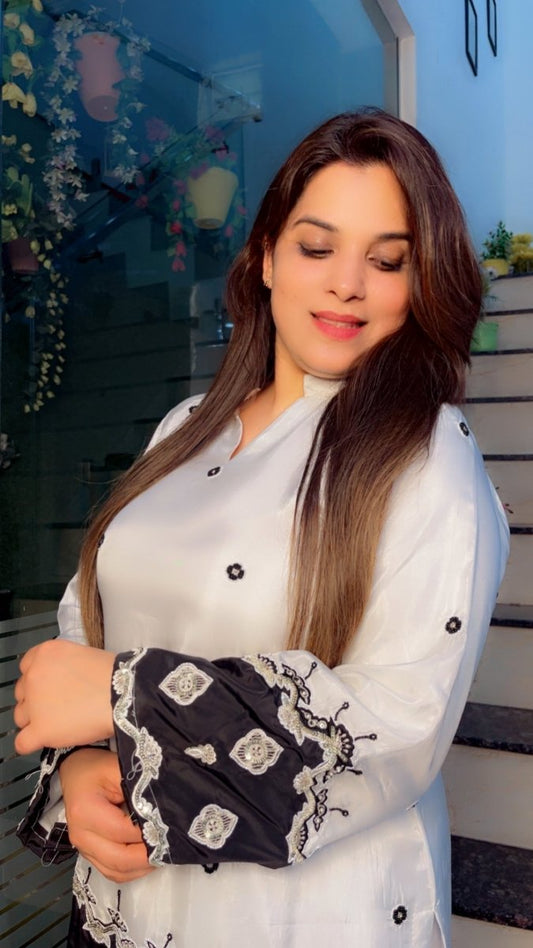 Stylish Black and White Embroidered Silk Co - ord Set - Kirti Kapoor Couture