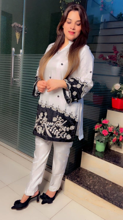 Stylish Black and White Embroidered Silk Co - ord Set - Kirti Kapoor Couture