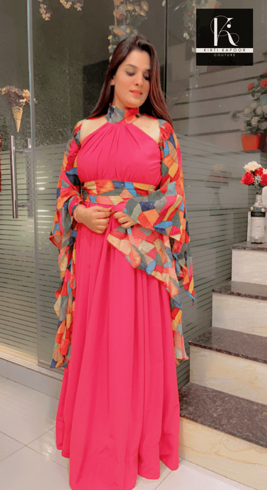 Stylish Pink Gown with Colorful Sleeves and Neck - Kirti Kapoor Couture