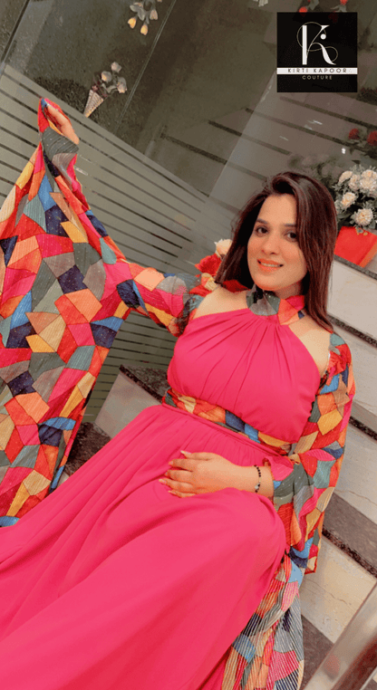 Stylish Pink Gown with Colorful Sleeves and Neck - Kirti Kapoor Couture