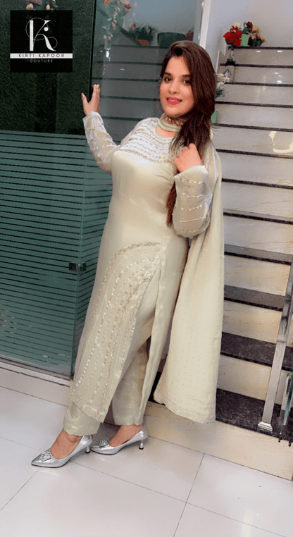Tea Green Hand - Embroidered Suit with Mukaish Dupatta - Kirti Kapoor Couture
