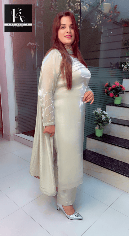 Tea Green Hand - Embroidered Suit with Mukaish Dupatta - Kirti Kapoor Couture