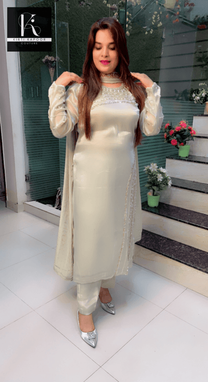 Tea Green Hand - Embroidered Suit with Mukaish Dupatta - Kirti Kapoor Couture