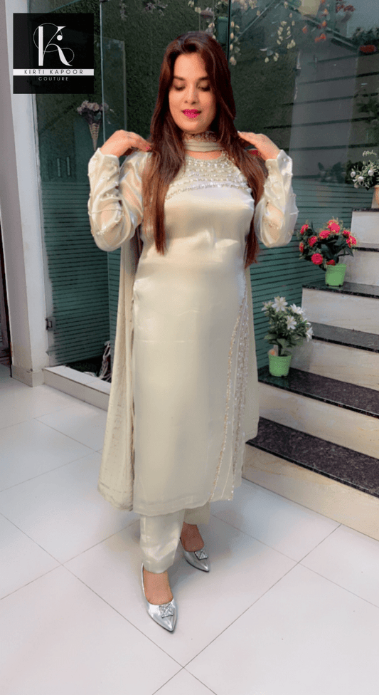 Tea Green Hand - Embroidered Suit with Mukaish Dupatta - Kirti Kapoor Couture