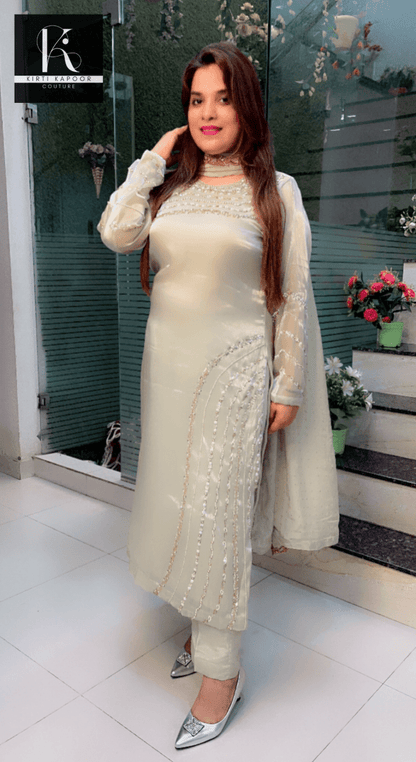 Tea Green Hand - Embroidered Suit with Mukaish Dupatta - Kirti Kapoor Couture
