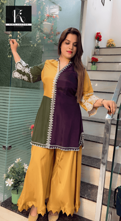 Thread - Worked Tri - Coloured Kurti and Plazo Set - Kirti Kapoor Couture