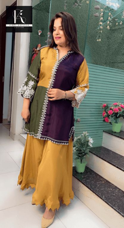 Thread - Worked Tri - Coloured Kurti and Plazo Set - Kirti Kapoor Couture