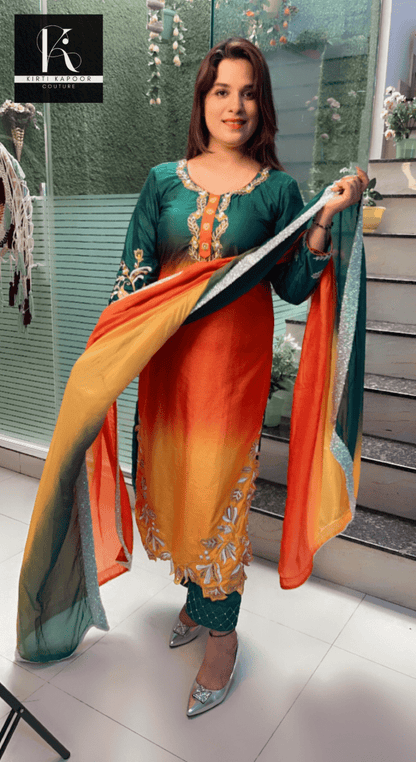 Tri - Coloured Hand - Embroidered Suit with Dupatta - Kirti Kapoor Couture