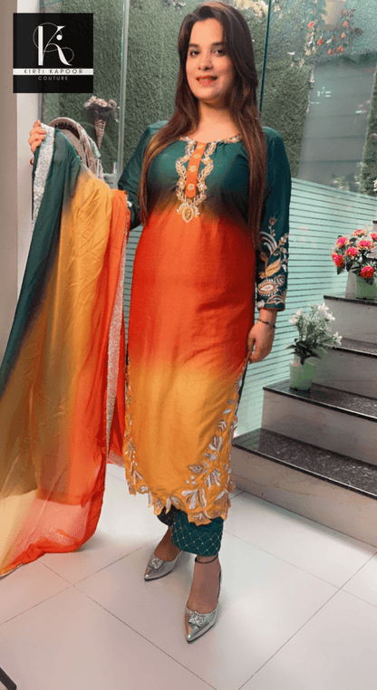 Tri - Coloured Hand - Embroidered Suit with Dupatta - Kirti Kapoor Couture