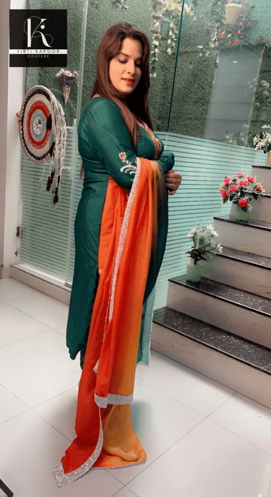Tri - Coloured Hand - Embroidered Suit with Dupatta - Kirti Kapoor Couture